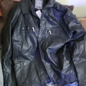 Men's Black Faux Leather Bomber Jacket - Unbranded